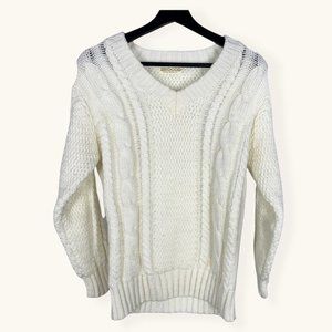 Vintage 90s Off White Cable Knit V Neck Sweater Medium